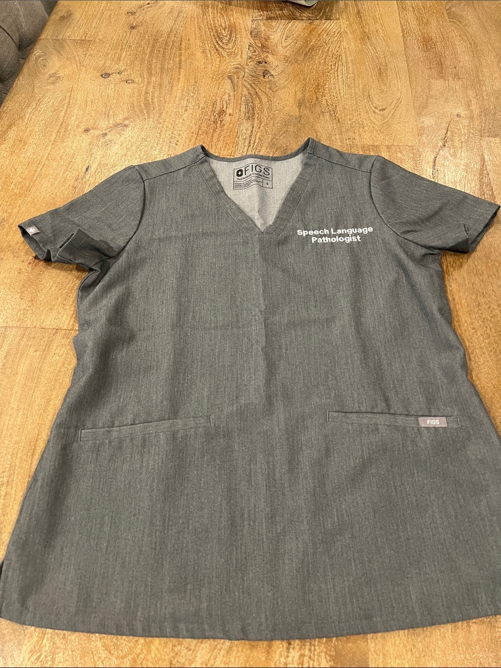 Figs Gray V-Neck Scrub Top with Speech Language Pathologist Embroidery